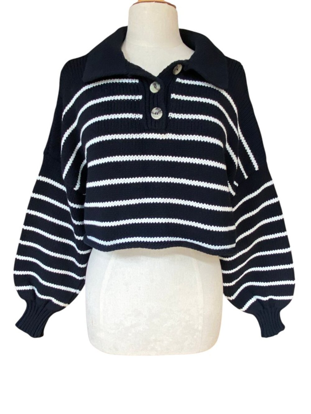 Zara Striped Crop Polo Sweater Blue Balloon Sleeve Preppy Chunky Blogger Fave-M